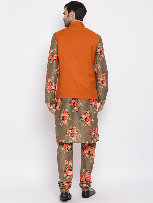 Vastramay Men's Orange Twill Jacket, Printed Kurta and Pyjama Set